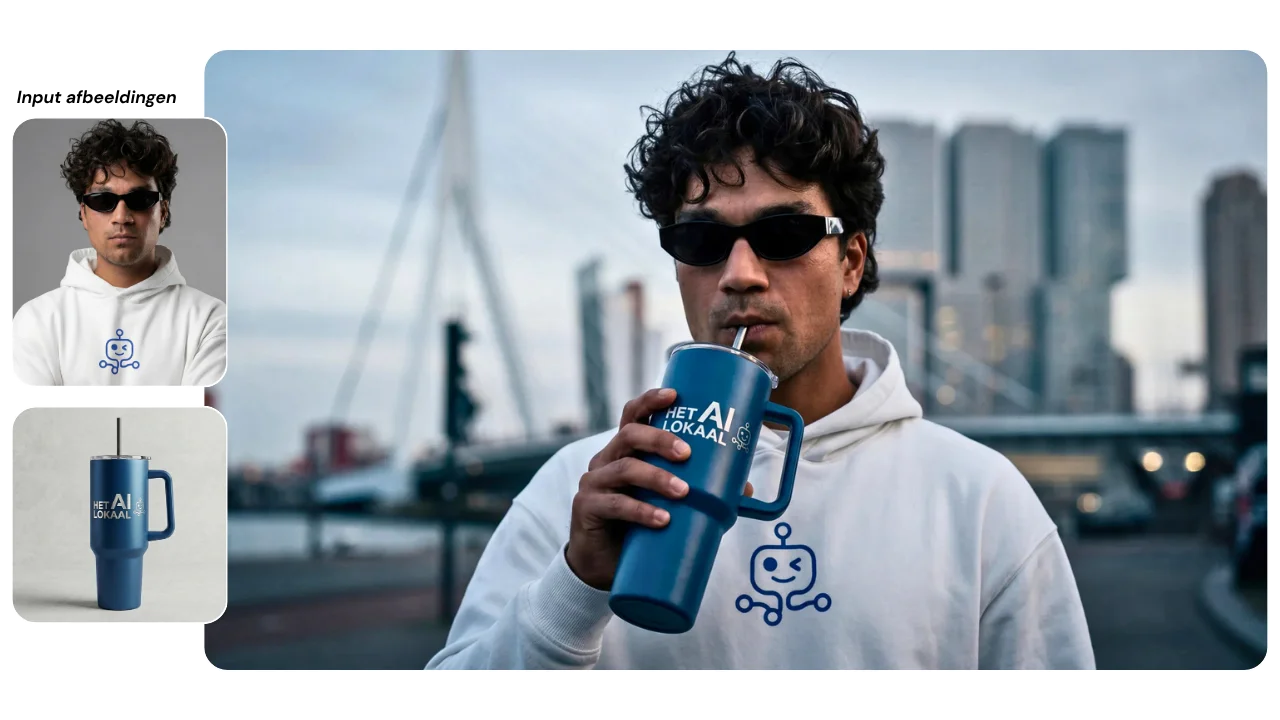 Man in hoodie met logo drinkt uit een drinkbeker met logo bij de Erasmusbrug in Rotterdam, gemaakt met Nano Banana Pro