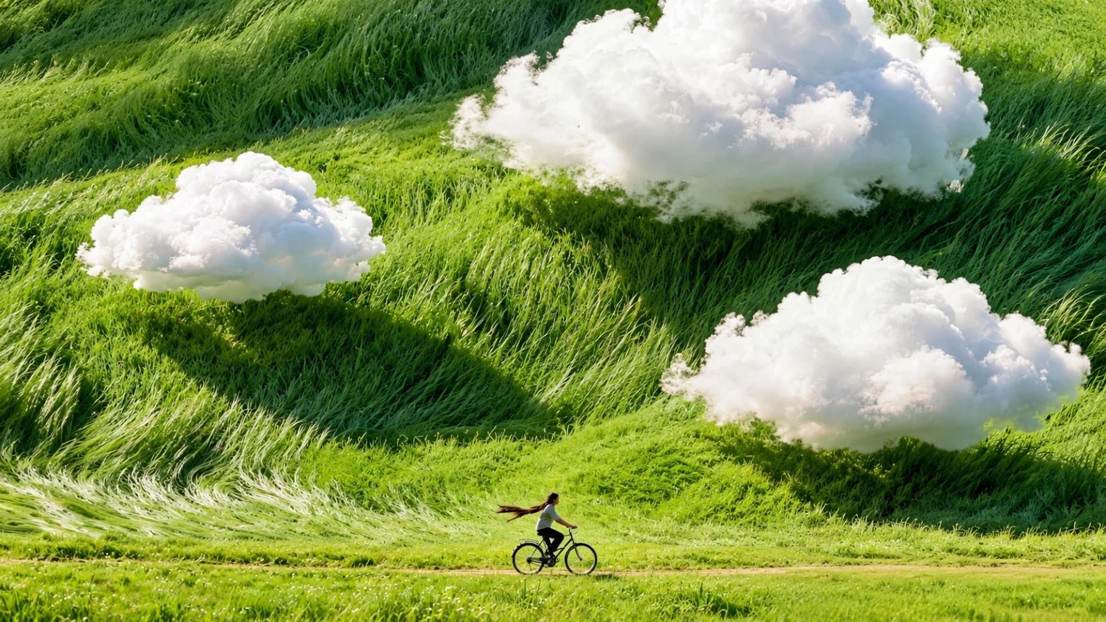 Surrealistisch landschap met laaghangende wolken boven golvend gras en een kleine fietser, gegenereerd met Seedream 5.0.