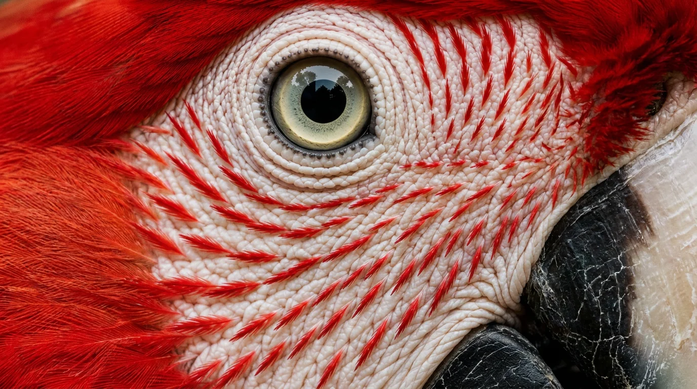 Extreme macro van het oog van een rode ara met haarscherpe rode veertjes, gegenereerd met Seedream 5.0