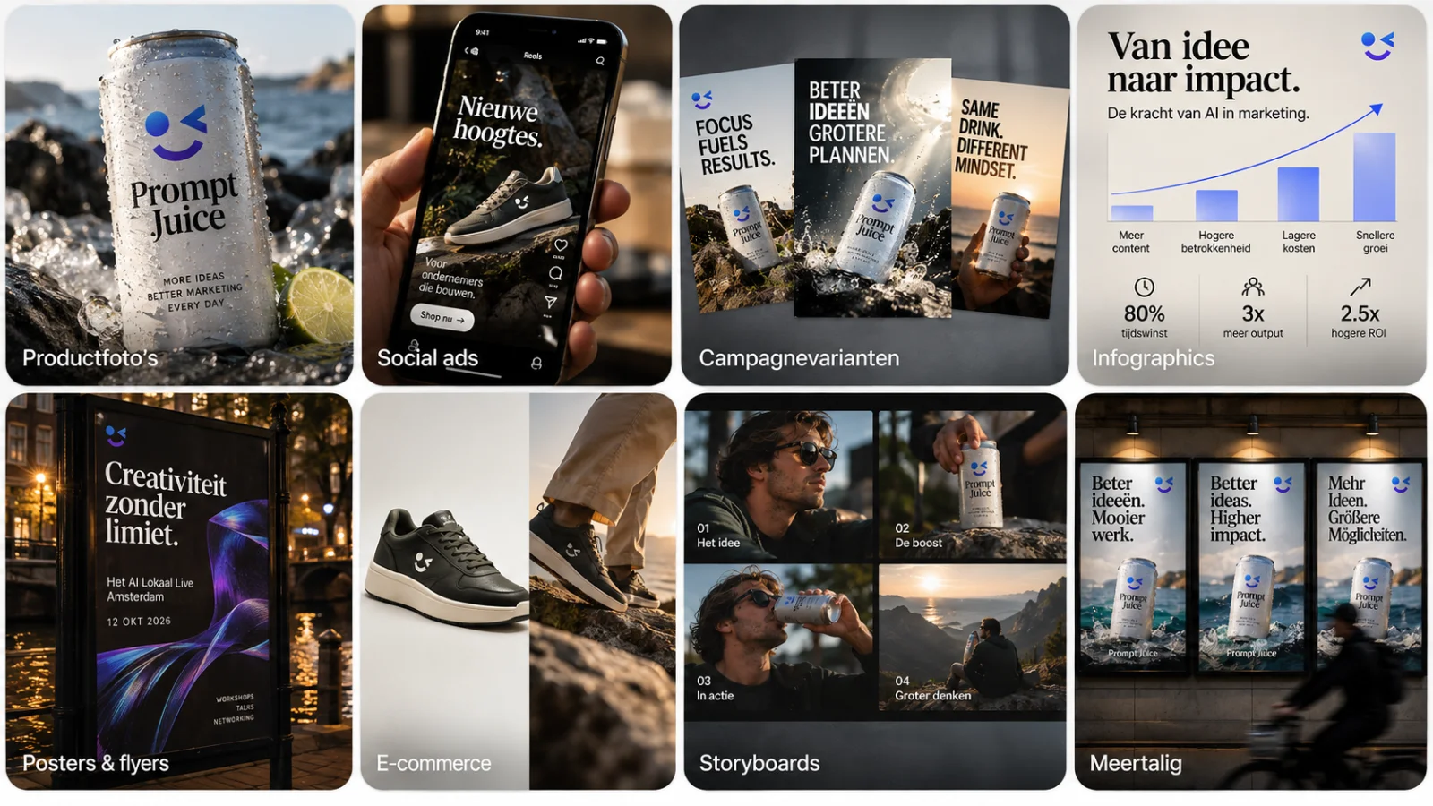 Acht toepassingen van GPT Image 2: productfoto's, social ads, campagnevarianten, infographics, posters, e-commerce, storyboards en meertalige campagnes.