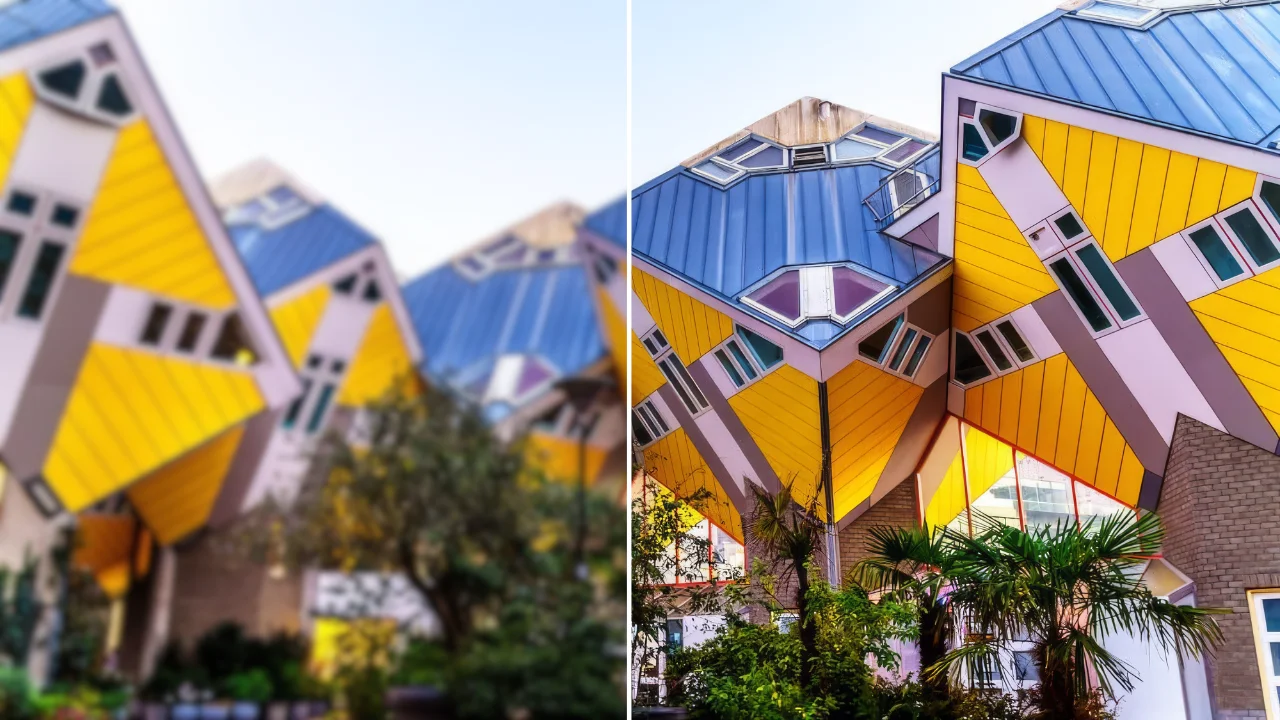 Wazige foto van de Rotterdamse kubuswoningen links, rechts dezelfde foto scherp na upscalen met Topaz Upscale.