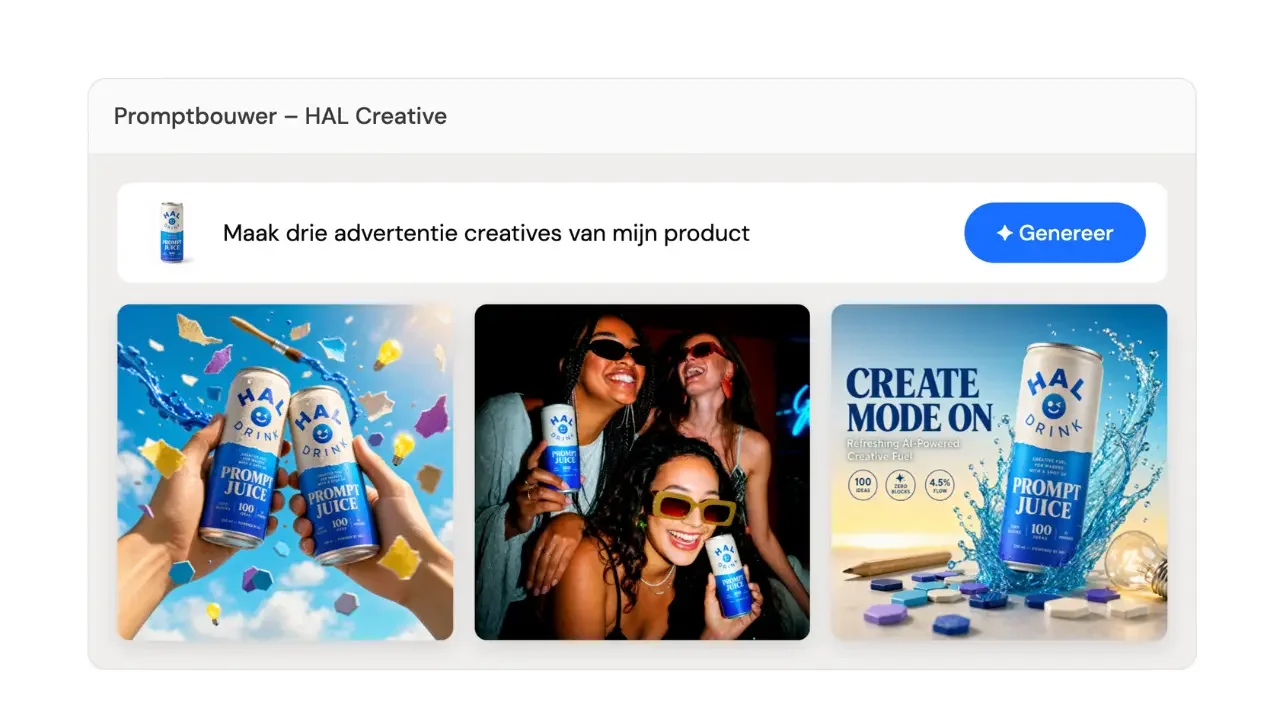 Promptbouwer van HAL Creative genereert drie advertentie creatives vanuit één korte Nederlandse opdracht