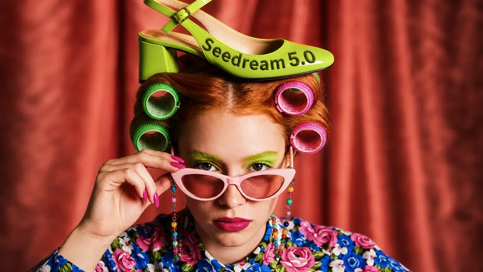 Fashion portret gemaakt met Seedream 5.0: vrouw met krulspelden, roze zonnebril en groene hak met Seedream 5.0 tekst